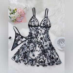New Elegant Black Floral mesh Lingerie Set women’s large 12 14